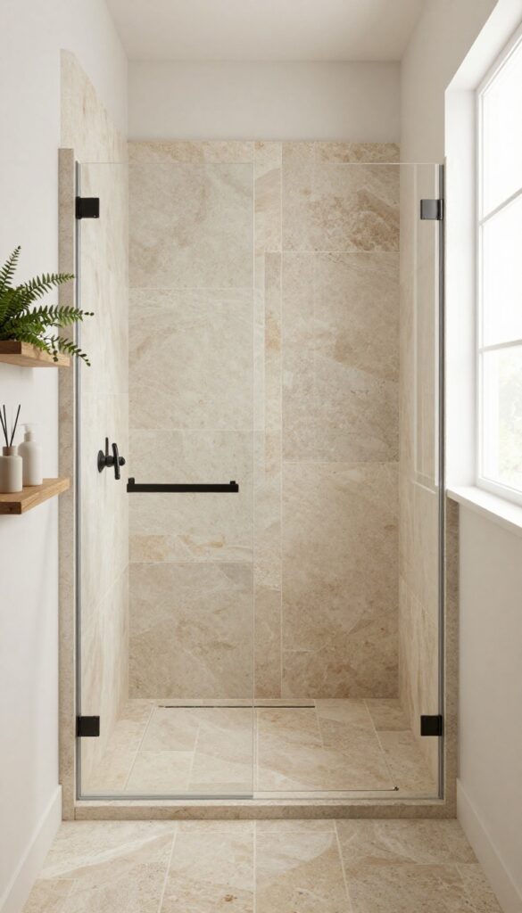 A close-up view of natural stone tiles on a walk-in shower floor in a bright bathroom setting, showcasing earthy textures and colors with wood accents and soft lighting for an organic warmth.