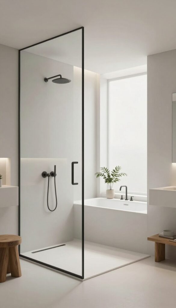A modern minimalist bathroom featuring a sleek glass shower enclosure and built-in tub with neutral tones and hidden storage
