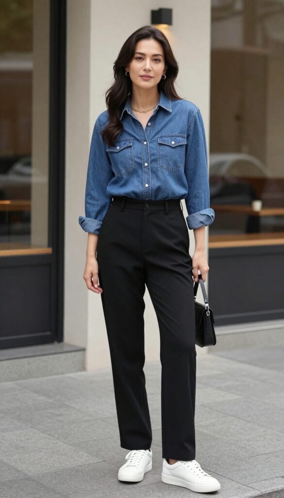 A woman wearing a half-tucked denim shirt with black tailored trousers and white sneakers, holding a black crossbody bag, standing in an urban setting with natural light.