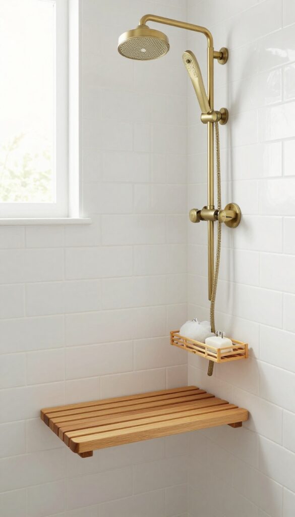 Wall-mounted flip-down teak seat in a small shower with white tiles and brass hardware
