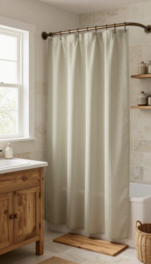 Oil-rubbed bronze curved shower curtain rod in a rustic bathroom with wooden vanity, stone tiles, beige shower curtain, and natural lighting.