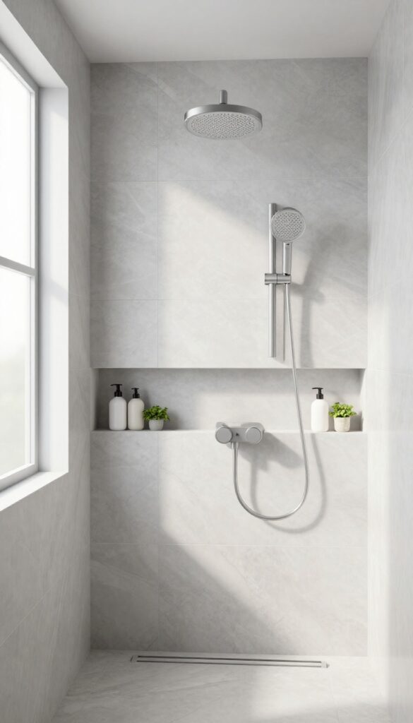 Two rain showerheads with a recessed shelf between them in a tiled shower