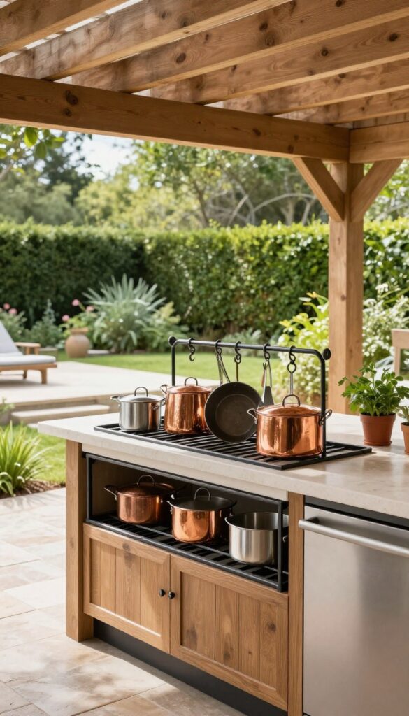 Outdoor kitchen prep area with hanging pot rack holding copper and stainless steel cookware under a pergola.