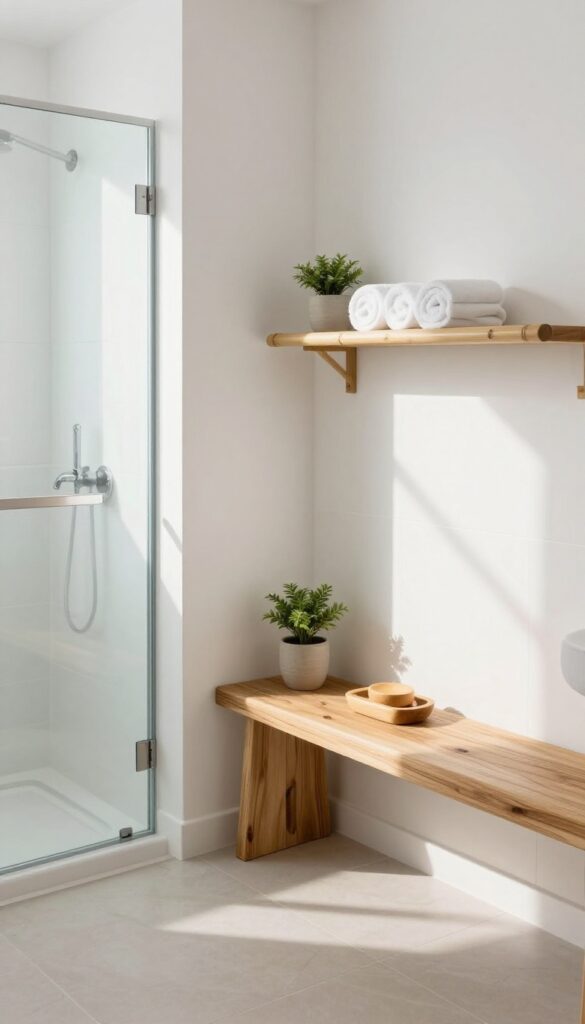 Safari-inspired shower with teak bench and bamboo shelving