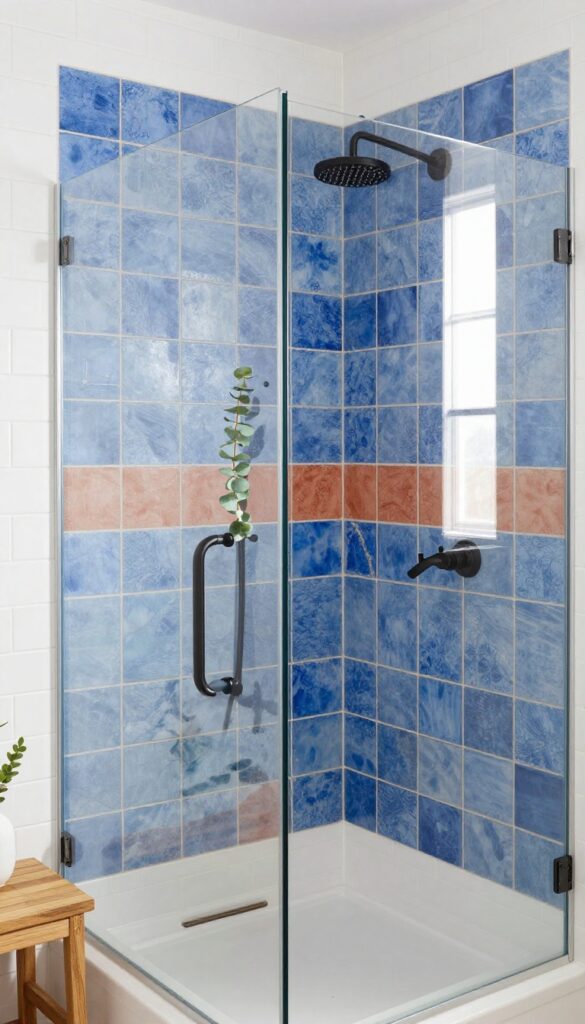 Small bathroom shower with bold accent tile on back wall, teak bench, and eucalyptus