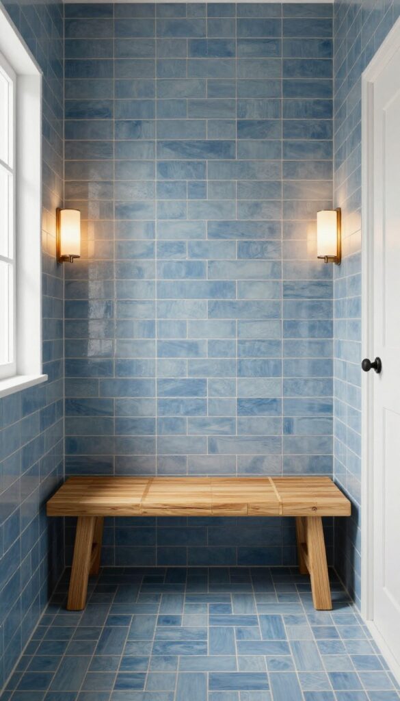 Bathroom shower with vertical stacked blue herringbone tile, warm wood accents, and soft lighting