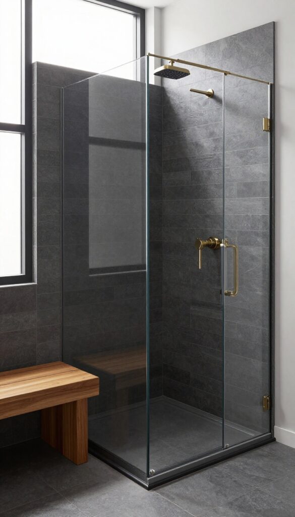 Long charcoal gray glass planks in a horizontal layout inside a modern shower with warm wood accents and natural light