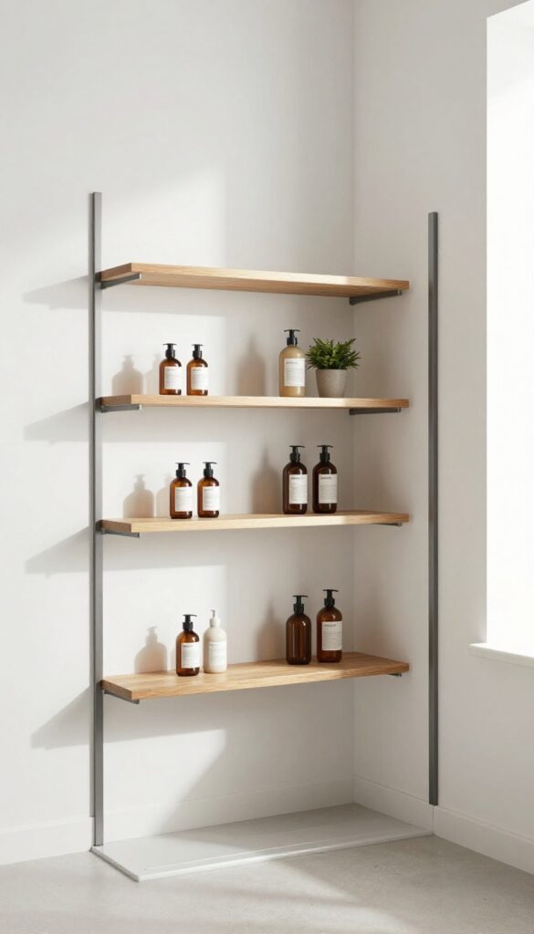Walk-in shower with open shelving showcasing organized toiletries and decorative elements in bright natural light.