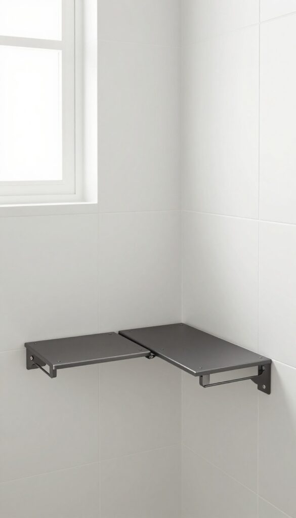 A fold-down shower bench in use, showing its space-saving design in a bright, modern bathroom.