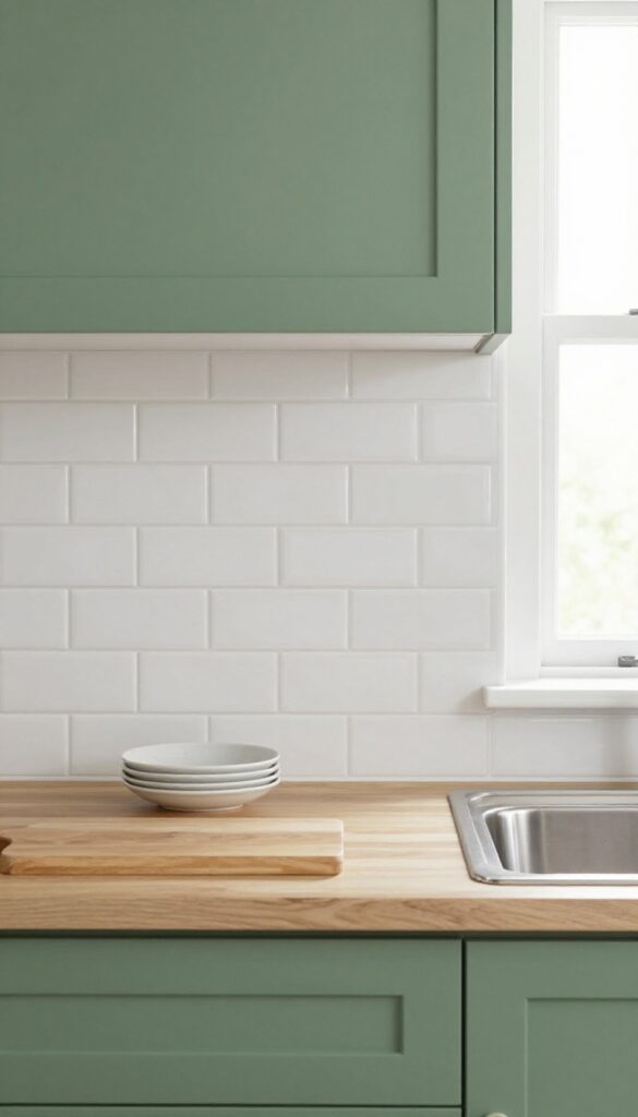 A kitchen backsplash with a painted stencil pattern that looks like white subway tile, paired with a sage green wall and natural light.