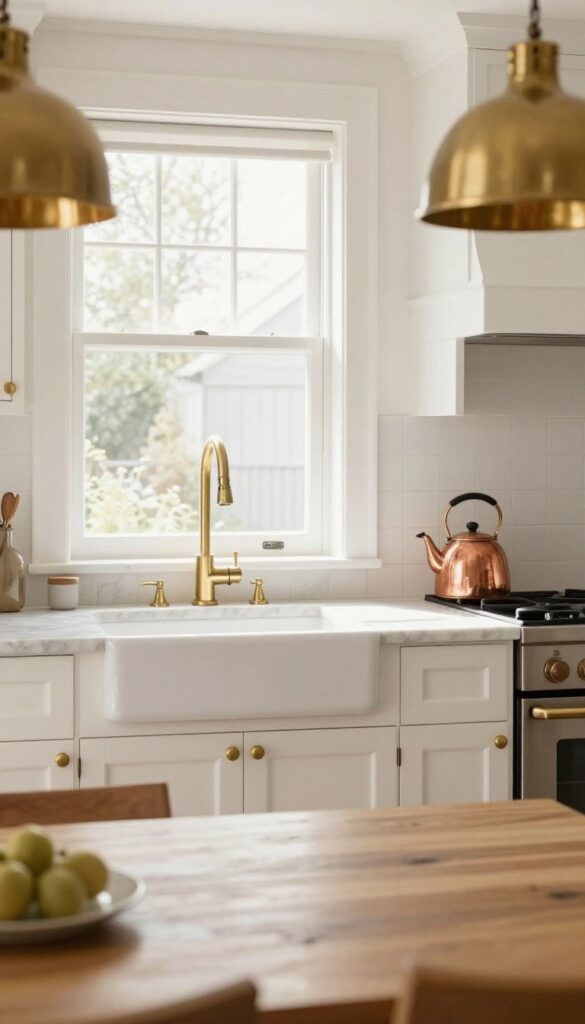Elegant kitchen diner with warm brass and copper metal finishes, white cabinetry, marble countertops, and natural light.