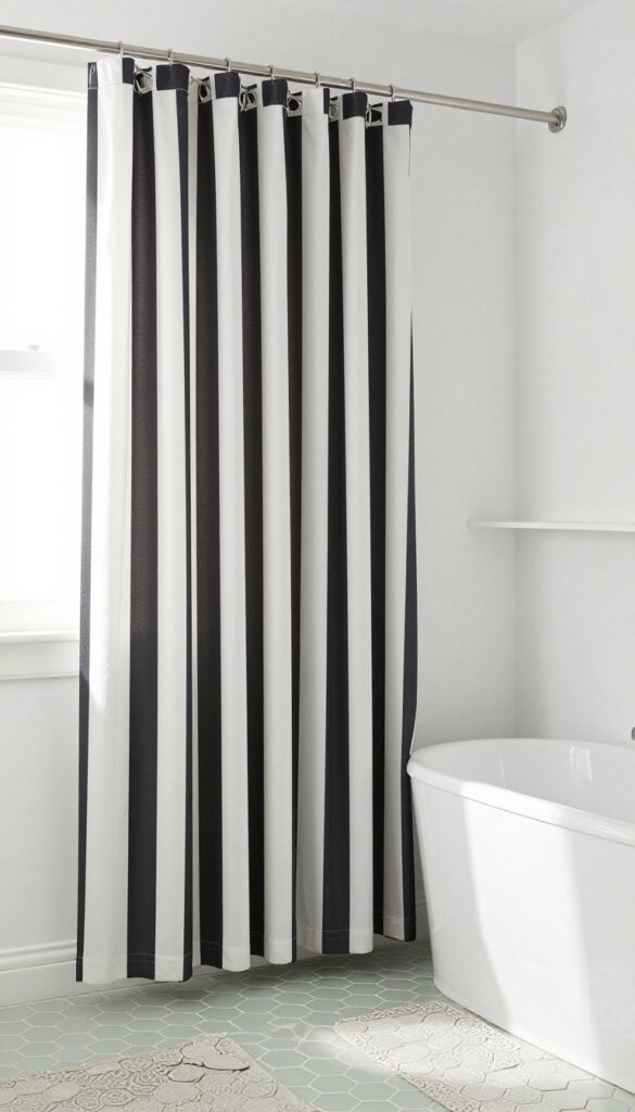 A tall shower curtain with geometric vertical patterns in a bright, minimalist bathroom with hexagonal floor tiles and natural lighting.
