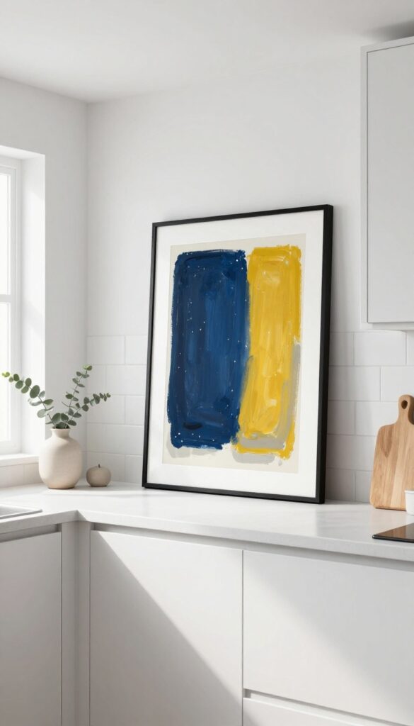 Large art piece leaning above kitchen cabinets in bright modern kitchen