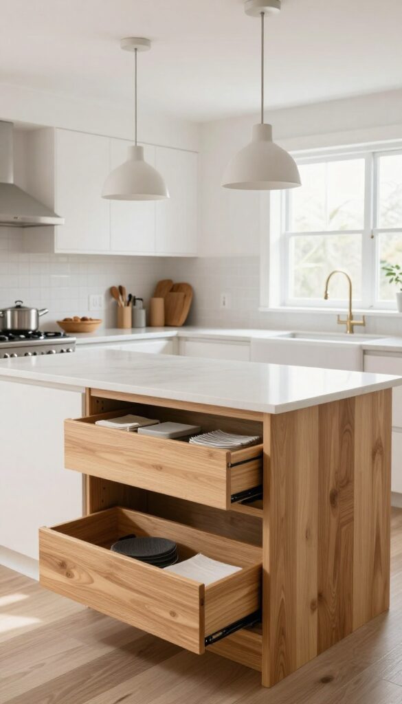 Kitchen peninsula with breakfast bar and hidden storage bins underneath