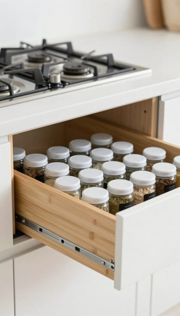 Open spice drawer next to stove with labeled glass jars