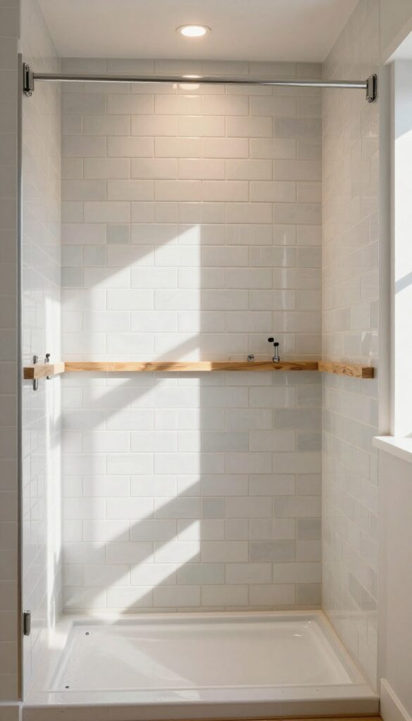 Subway tiles in a random offset pattern in a shower with natural light and organic styling elements.