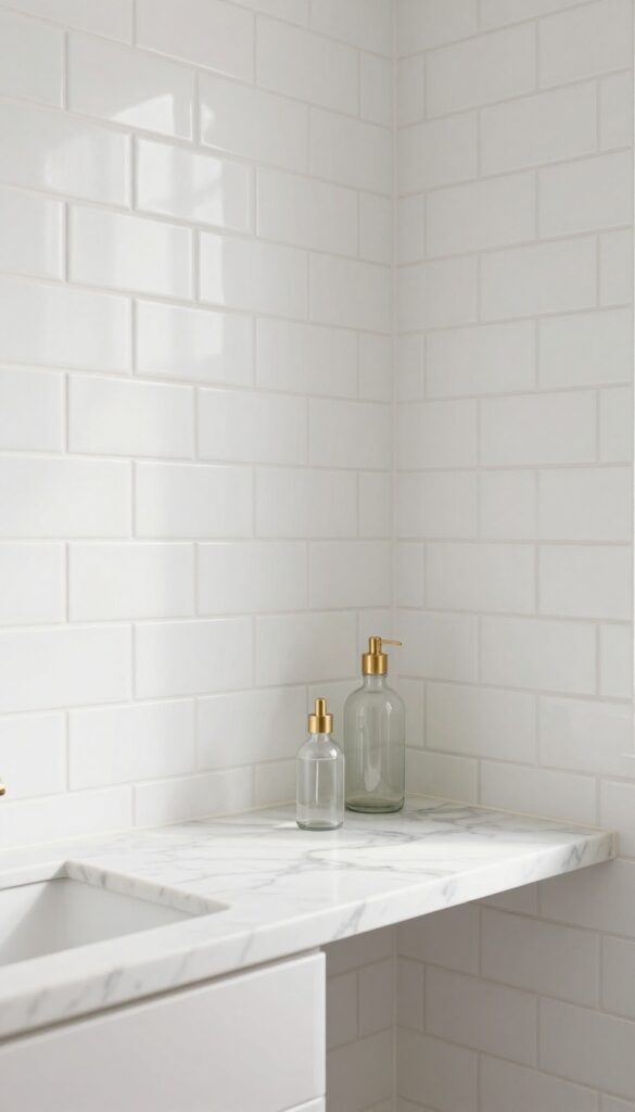 White tile shower with marble corner shelf and gold fixtures