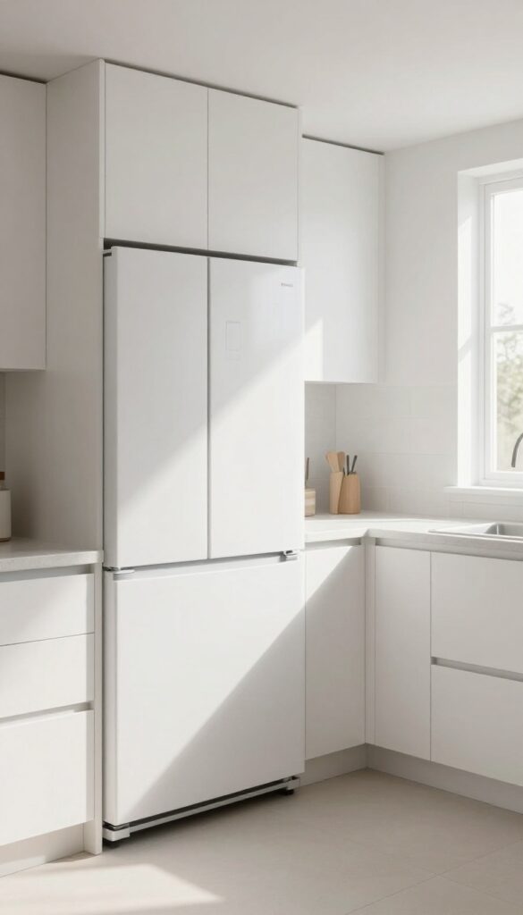Seamless kitchen with painted appliance panels matching white cabinets, bright natural light, cohesive look.