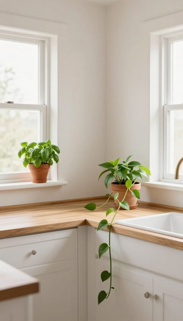 Kitchen windowsill with potted herbs and trailing pothos plant