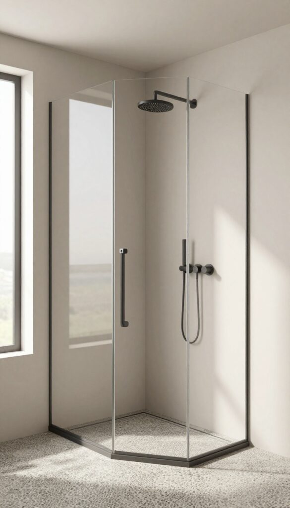 Modern shower stall with pebble tile floor and clear glass wall