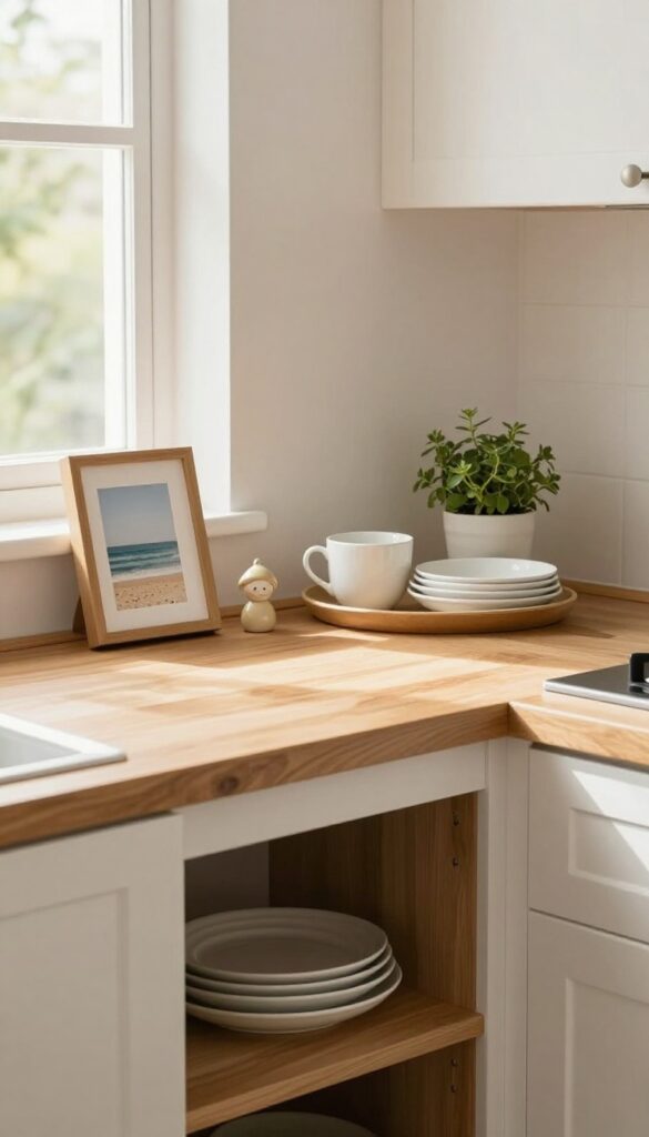 Cozy kitchen with personal touches, framed photo and souvenir on shelf, bright natural light
