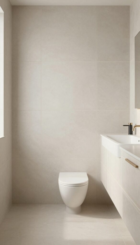 Matte-finish ceramic tiles in a shower with soft light and warm-toned grout, creating a calm and durable bathroom space.