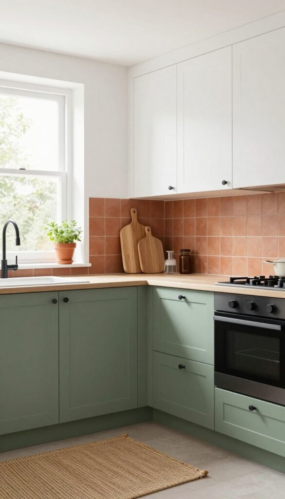Sage green lower cabinets paired with terracotta backsplash in a bright kitchen