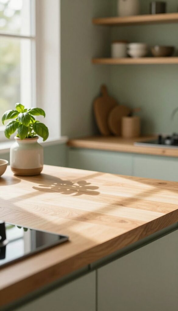 Compact kitchen with butcher block countertop, open shelving, and herb plant in natural light.