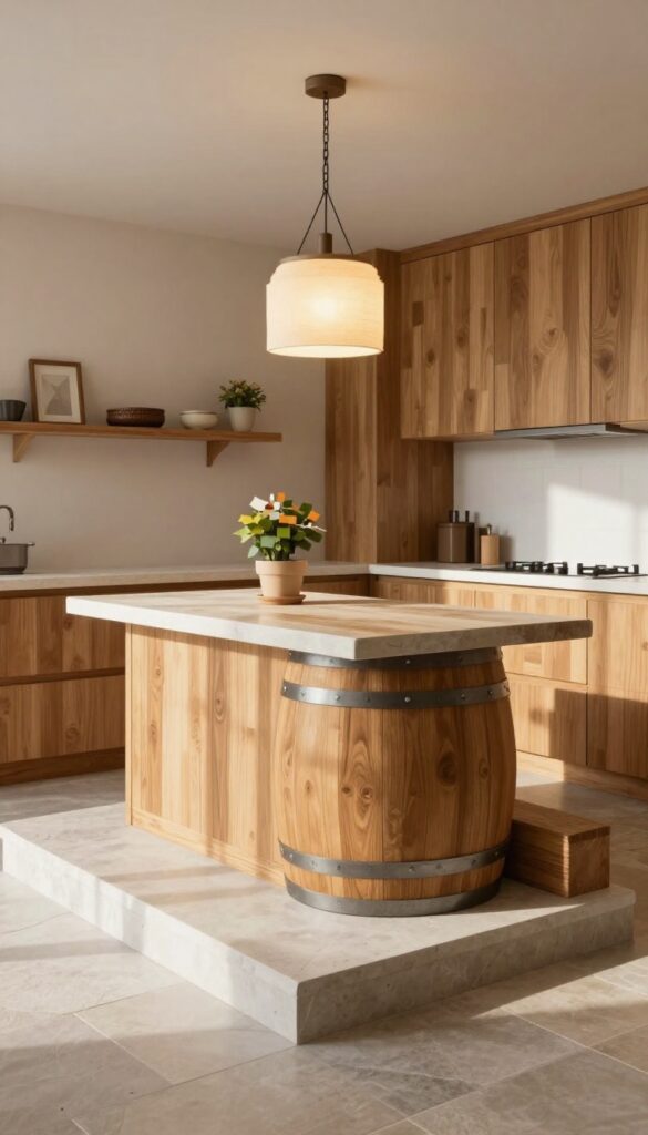 A Minecraft kitchen island made of oak and stone with a lantern hanging above, featuring storage and decorative items.