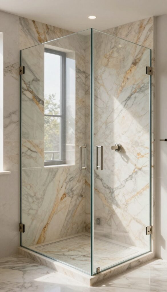 A frameless glass enclosure in an onyx walk-in shower, showcasing the stone's patterns with bright natural light for an open and refined look.