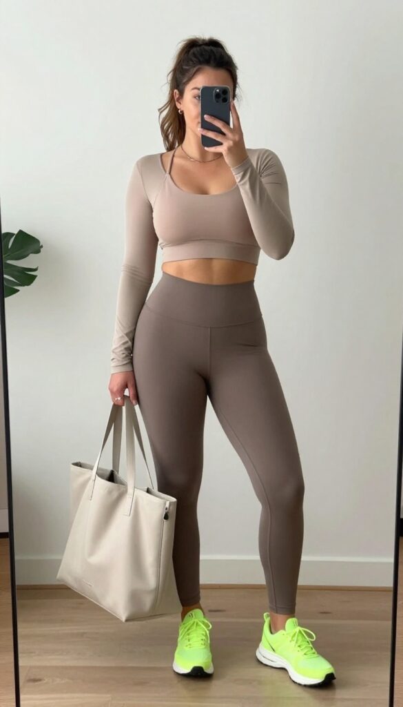 Plus-size woman in neutral athleisure set with colorful statement sneakers, taking a mirror selfie, showcasing a clean and stylish workout look.