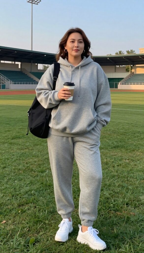 Plus-size woman in gray hoodie and joggers with white sneakers and backpack at a baseball field, holding coffee.