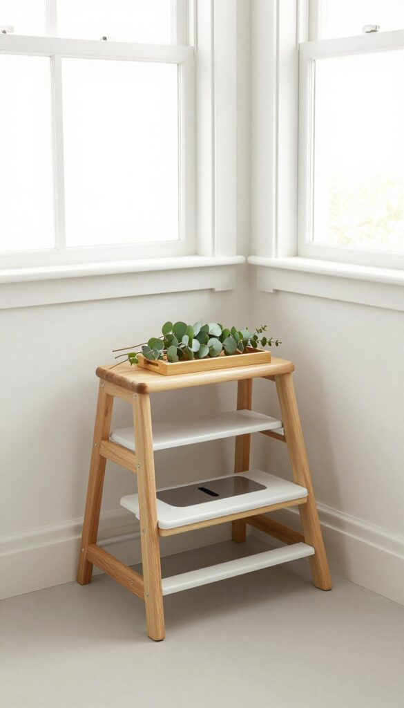 Convertible step stool and shower seat in a small bright bathroom with eucalyptus bundle and bamboo tray