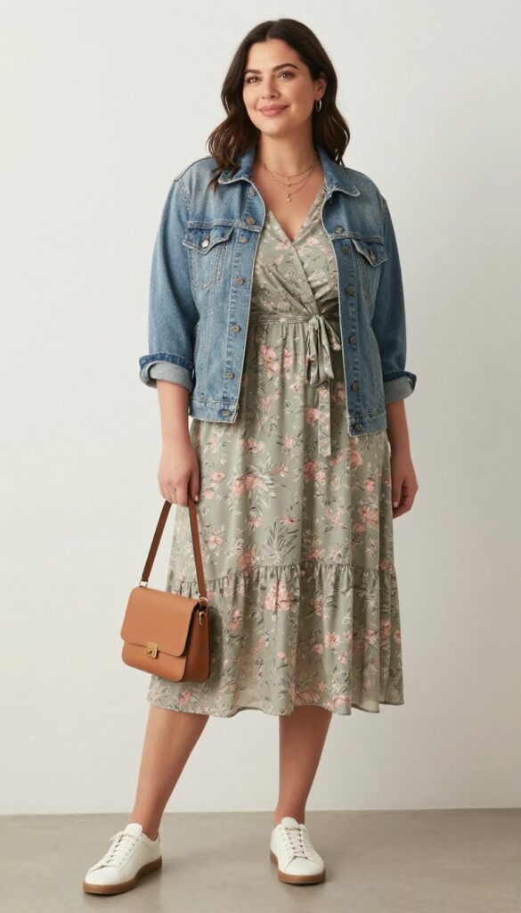 Curvy woman wearing a flowy floral midi dress with a denim jacket and white sneakers, standing in a sunny park, looking relaxed and stylish.