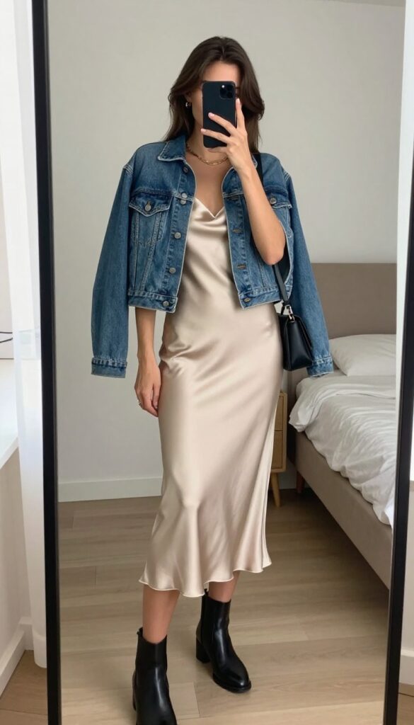 A woman takes a mirror selfie wearing a champagne satin slip dress and a denim jacket, with black ankle boots and a small crossbody bag, in a bright bedroom setting.