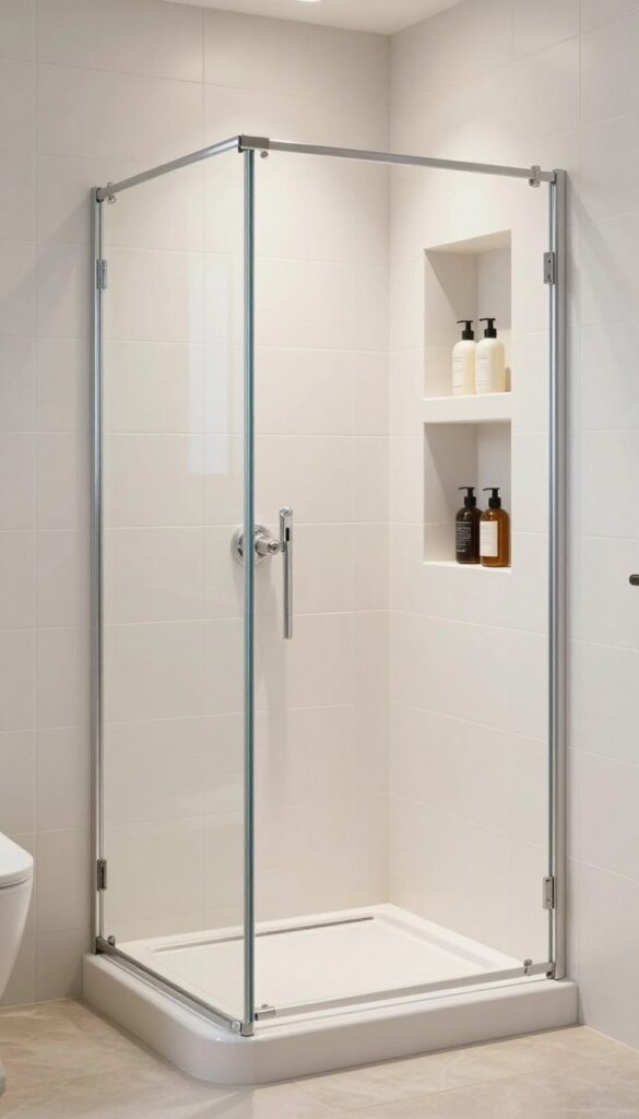 A modern curbless shower with built-in niches in the tile wall, holding toiletries like shampoo and soap, under bright natural light for a clean and organized look.