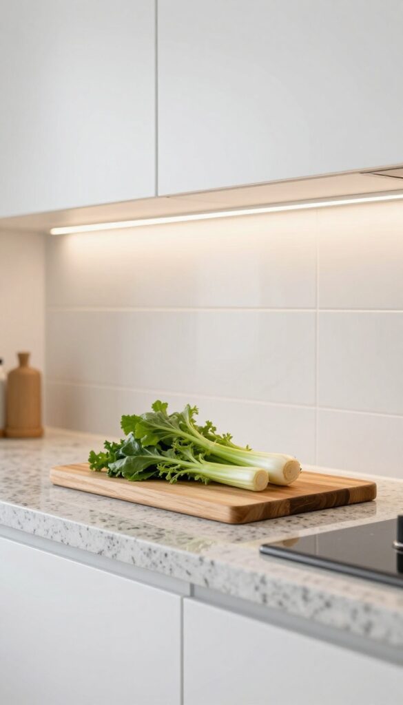 Warm under-cabinet LED strips illuminating a kitchen counter with fresh vegetables and cutting board