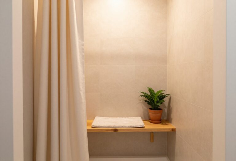 Cozy small shower room with wooden bench, plant, and warm lighting