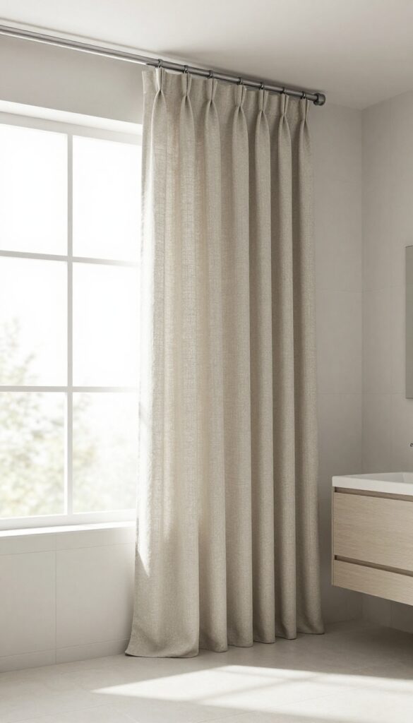 A bathroom with a curtain divider made from textured linen fabric on a ceiling track, providing privacy and softening the space in natural light.