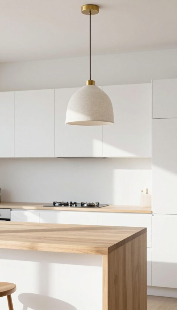 Modern single-wall kitchen with one sculptural pendant light hanging off-center over a counter