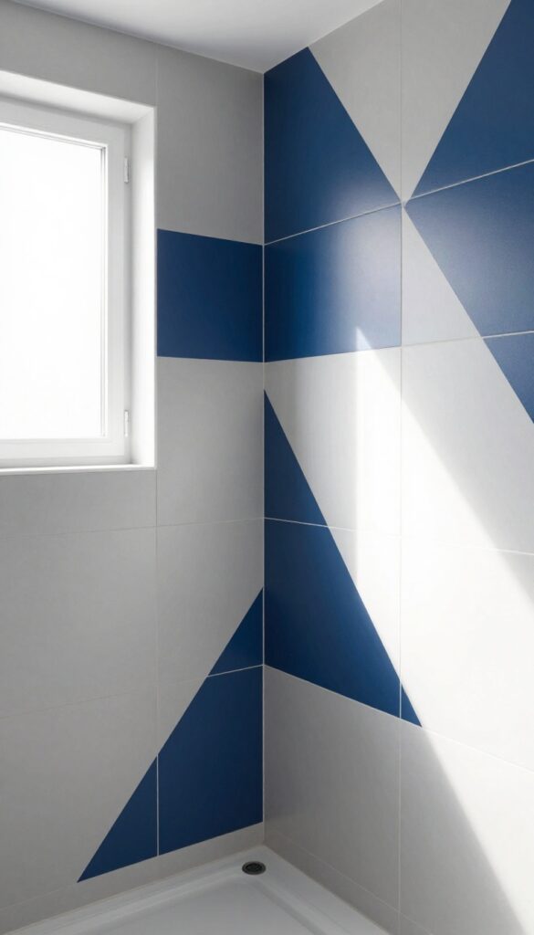 A modern bathroom shower wall with a color-blocked geometric design in navy blue and white, showcasing bold shapes that create visual interest and lift the ceiling visually.
