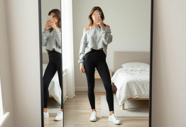 Woman in black leggings and oversized grey hoodie taking a mirror selfie, showcasing a balanced sporty casual outfit.