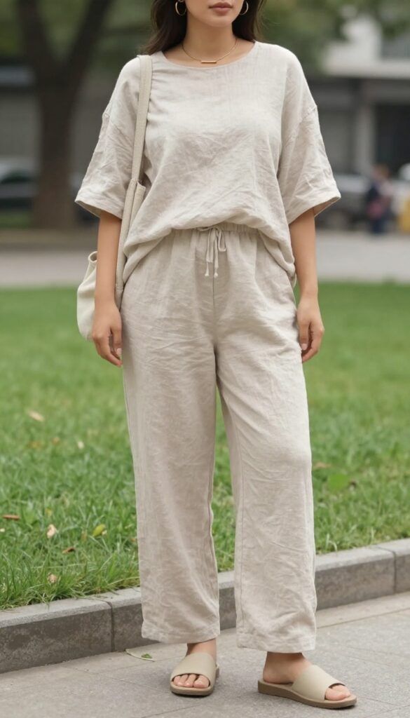 A woman wearing a matching linen co-ord set in a neutral shade for an effortless boho outfit, styled with minimal accessories and simple sandals in a bright natural light setting.