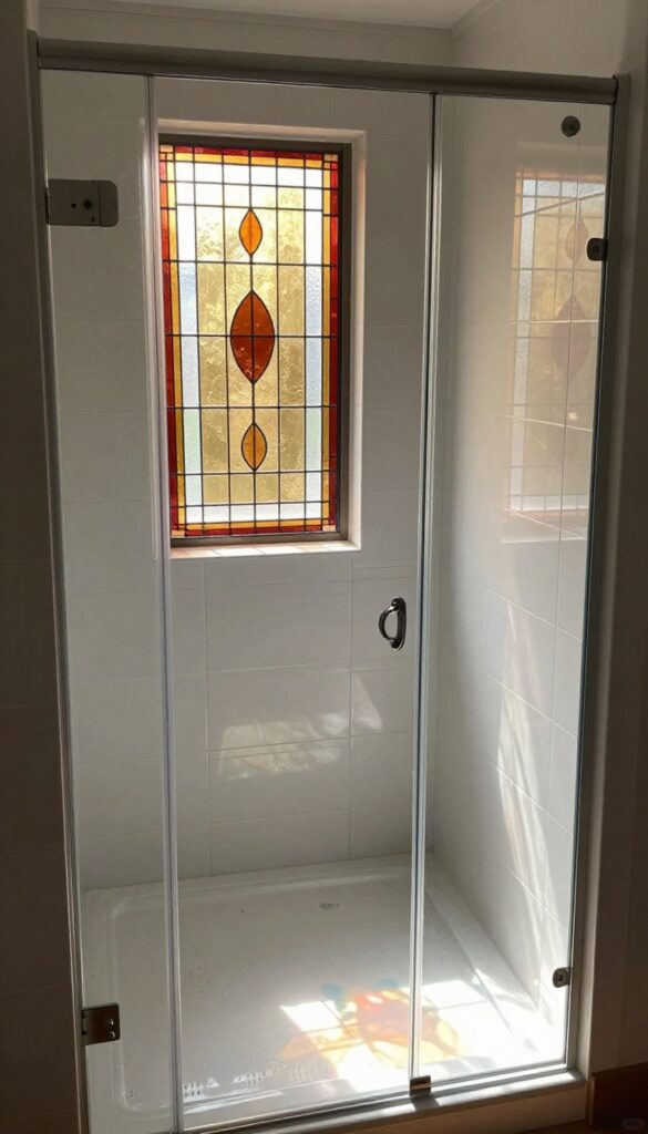 Shower window with stained glass decals casting warm colored light onto white tiles