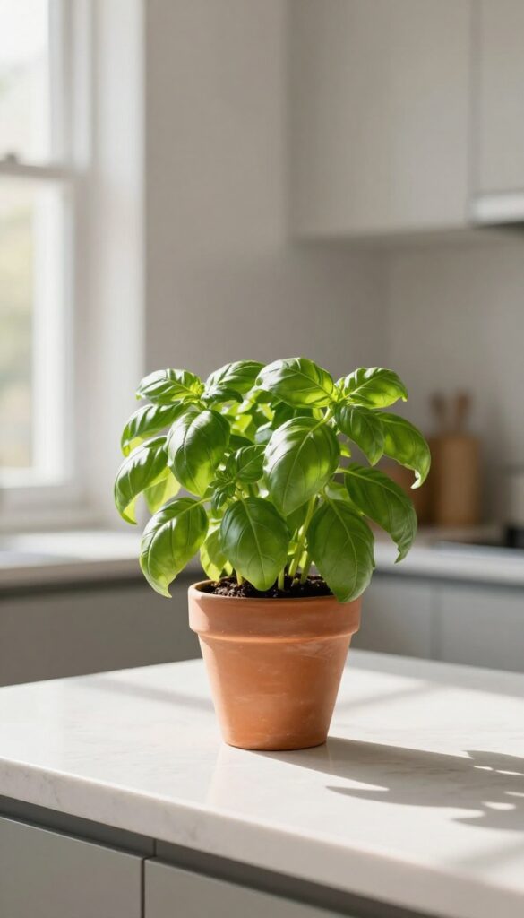 Fresh basil plant in terracotta pot on kitchen counter with natural light