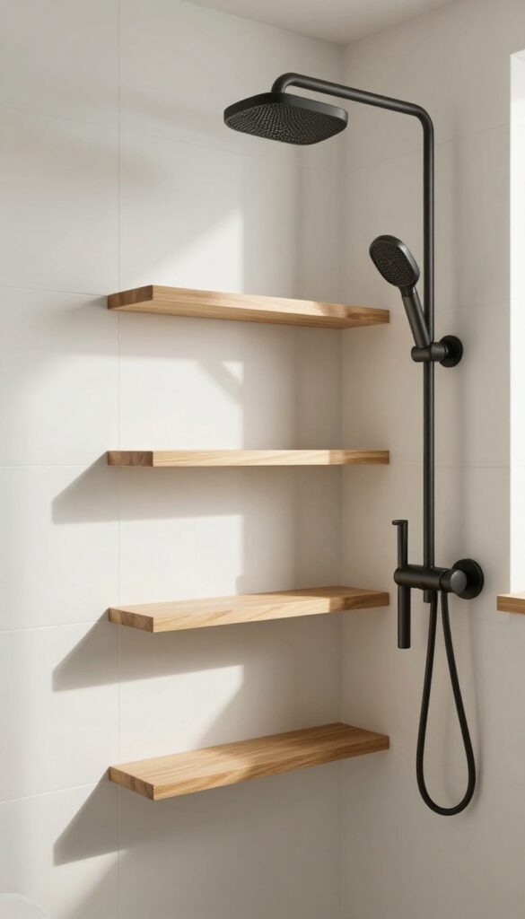 A small standing shower with textured tile walls in earthy tones, showcasing cozy depth and natural light in a tight corner bathroom.