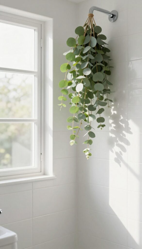 Eucalyptus stems hanging from showerhead in bright bathroom with window