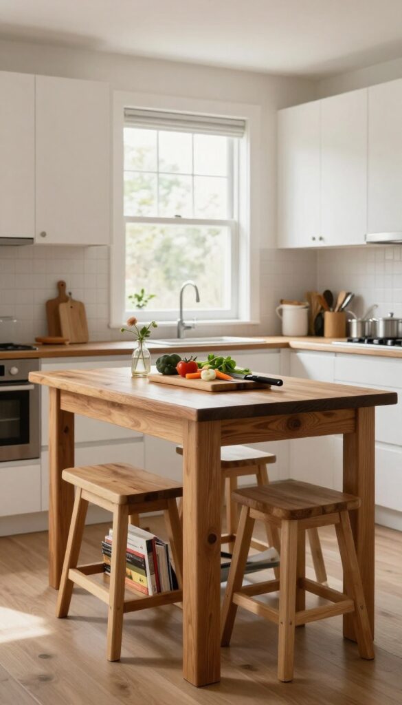 Butcher block table in small kitchen used as dining and prep space