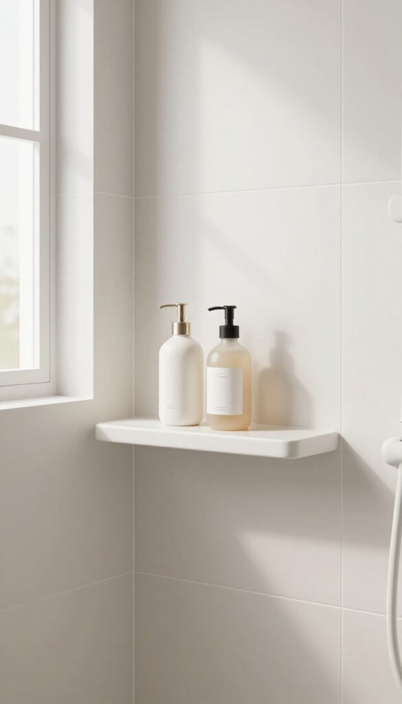 A built-in shelf in a shower wall with organized toiletries, showcasing clean storage in a modern bathroom.