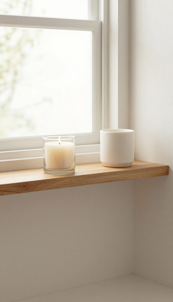 Minimal candle arrangements on a bathroom shelf with two candles of different heights in neutral containers, placed on one side with open space for a calm, spa-like effect.